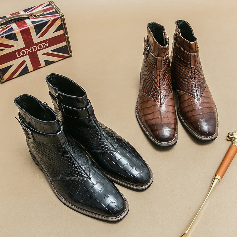 High End Banquet Formal Boots Winter Ankle Boots Men's Business Shoes Pointed Men's Genuine Leather Shoes Retro Brown Size:38-46