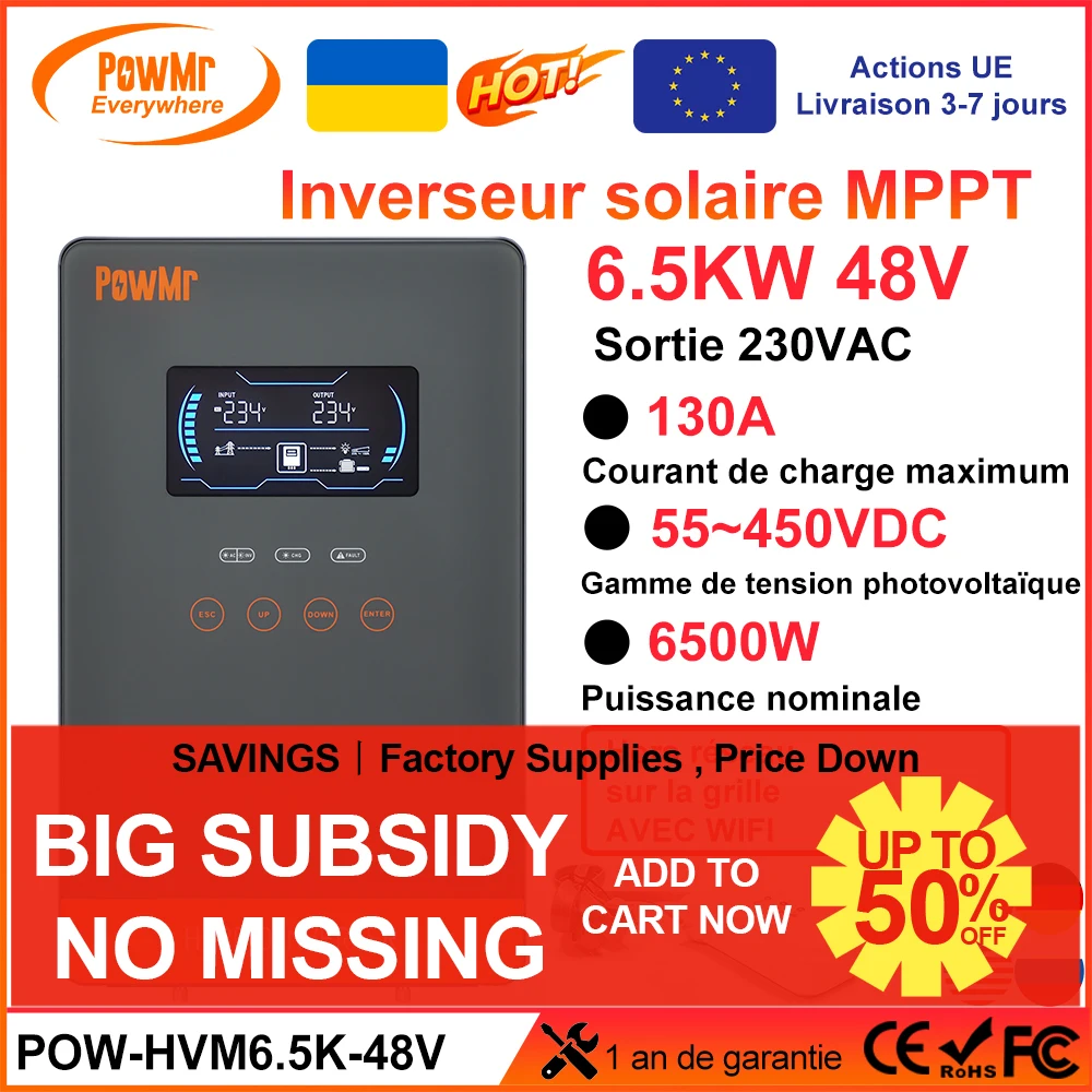 PowMr 6500W 48V All In One Solar Inverter MPPT 130A 230VAC Output PV 450VDC Pure Sine Wave Inversor With 6.25 Inch LCD Screen