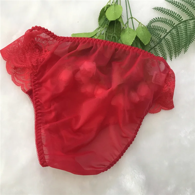 New Plus Size Mid Waist Panties for Men Gay Sexy Underwear Sexy Translucent Lace Satin Silk Briefs Big Pantie Male 5