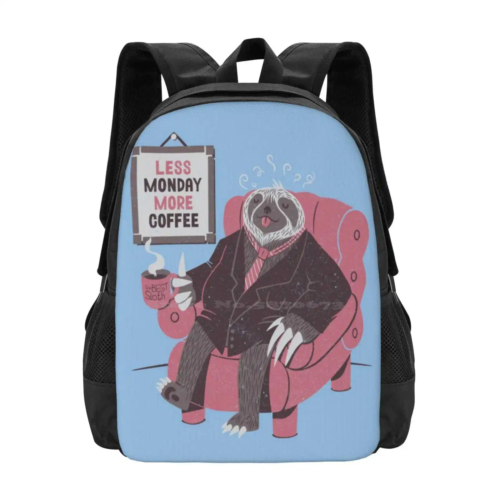 Monday Pattern Design Bagpack School Bags Monday Bradipo Animals Coffee Coffe Lover Cute Funny Lazy Custom Cheap Tobias Fonseca