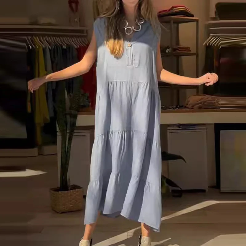 

Fashion V-neck Button Pleated Commuting Dress Ladies Sexy Sleeveless High Waist Long Dress 2024 Casual Loose Vest Beach Dresses