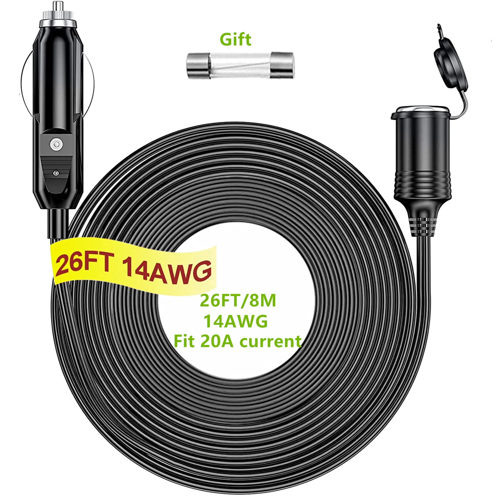 4M Alargador Mechero Coche, 12 V/24 V Enchufe Encendedor Mechero con Fusible de 16AWG/15A, Cable Alargador Mechero para Coche, Moto, SUV, Barco ( 4M