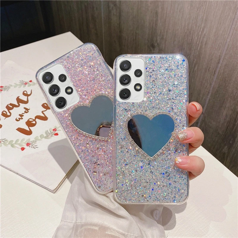 Diamond Heart Love Mirror Case Per Oppo Reno 7 5G 4G Reno8 2 2Z Reno5 Lite Reno6 Lite Realme 8I 9I Glitter Paillettes Cover