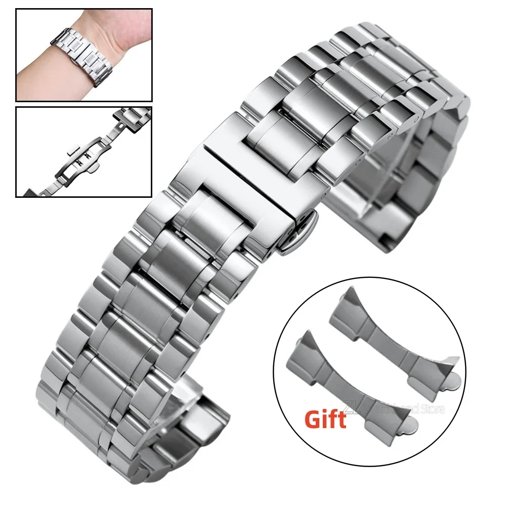 Elegant Stainless Steel Watch Strap with Curved End and Butterfly Clasp