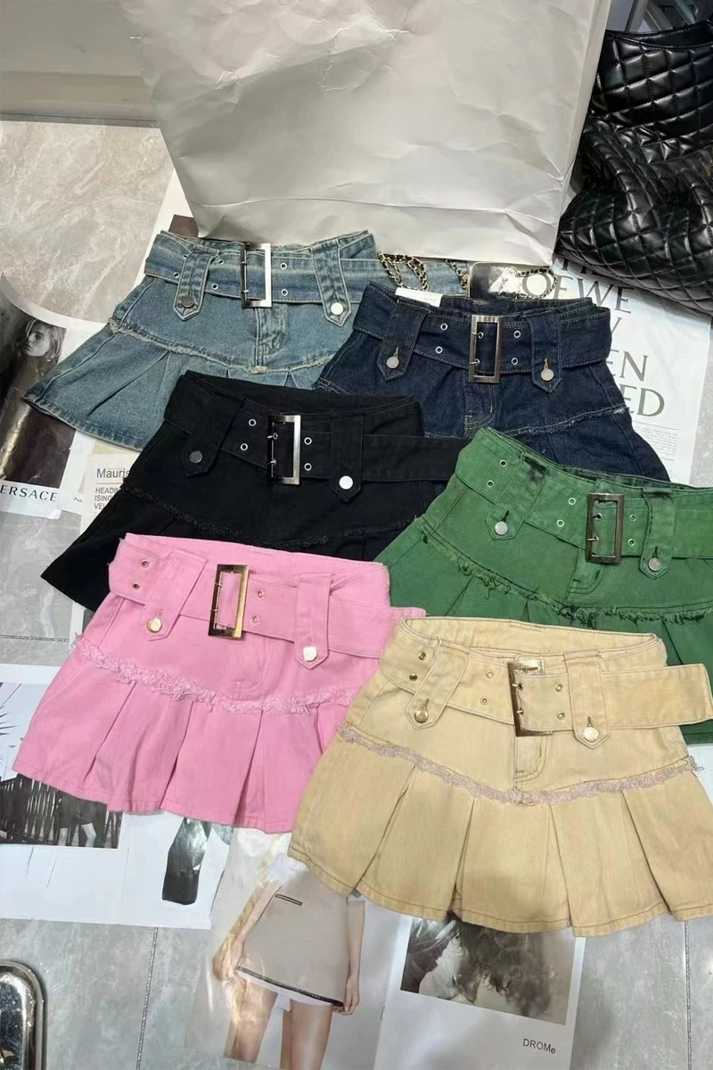 

High Waist Lace Up Slim Denim Mini Skirt Solid Color Pleated Streetwear Jupe Y2k Summer American Style Vintage Chic Mujer Faldas