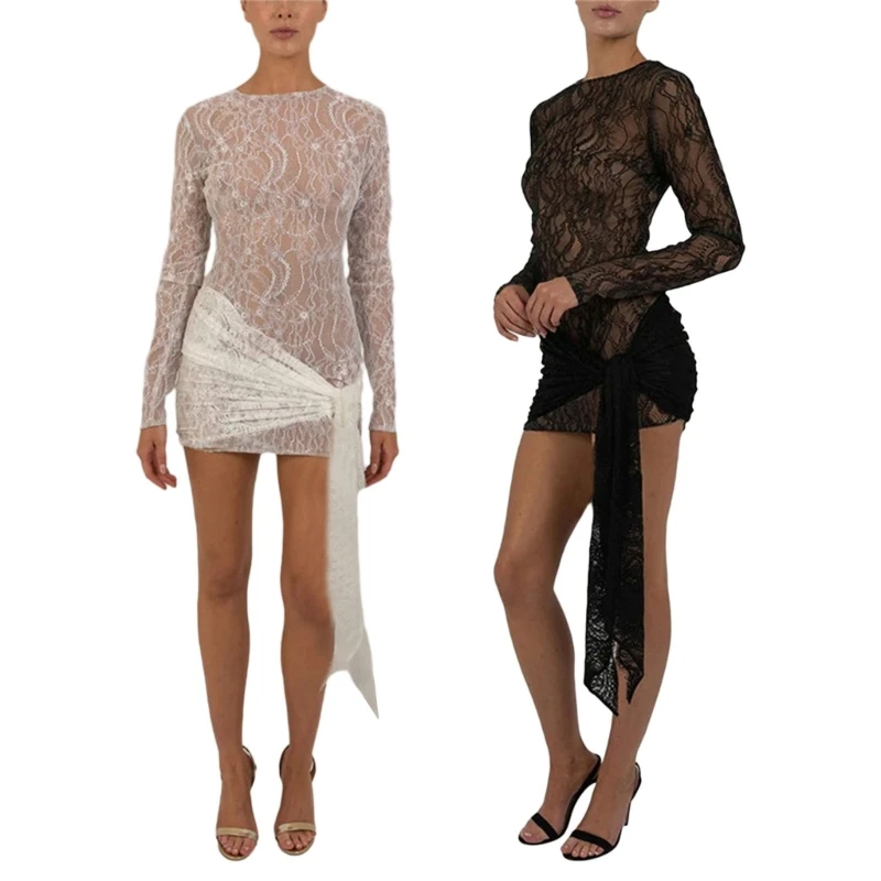 Ladies new fashion sexy see-through lace dress chest wrap hip skirt