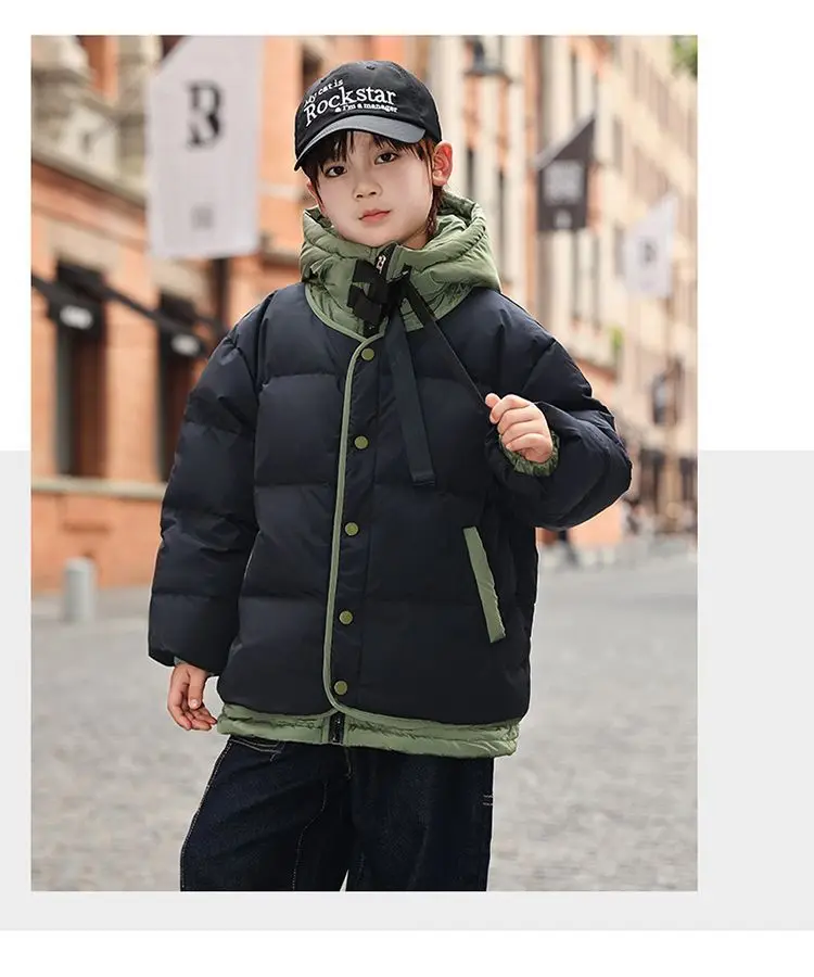 Farbblockierte, mit Baumwolle gefütterte Jacke für den Winter, mit Daunen gepolstert, verdickte Kapuze, Herbst-Winter-Kleidung, kurzes Oberteil für ältere Kinder – Detail 13