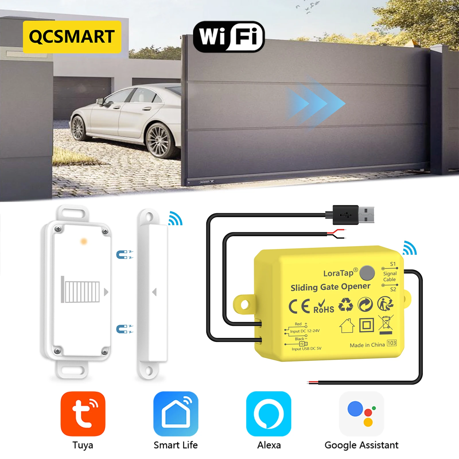 Tuya Smart Life เลื่อนประตู Controller IP65 กันน้ําไร้สายเซ็นเซอร์ประตู USB ชาร์จทํางานร่วมกับ Google Assistant Alexa 1