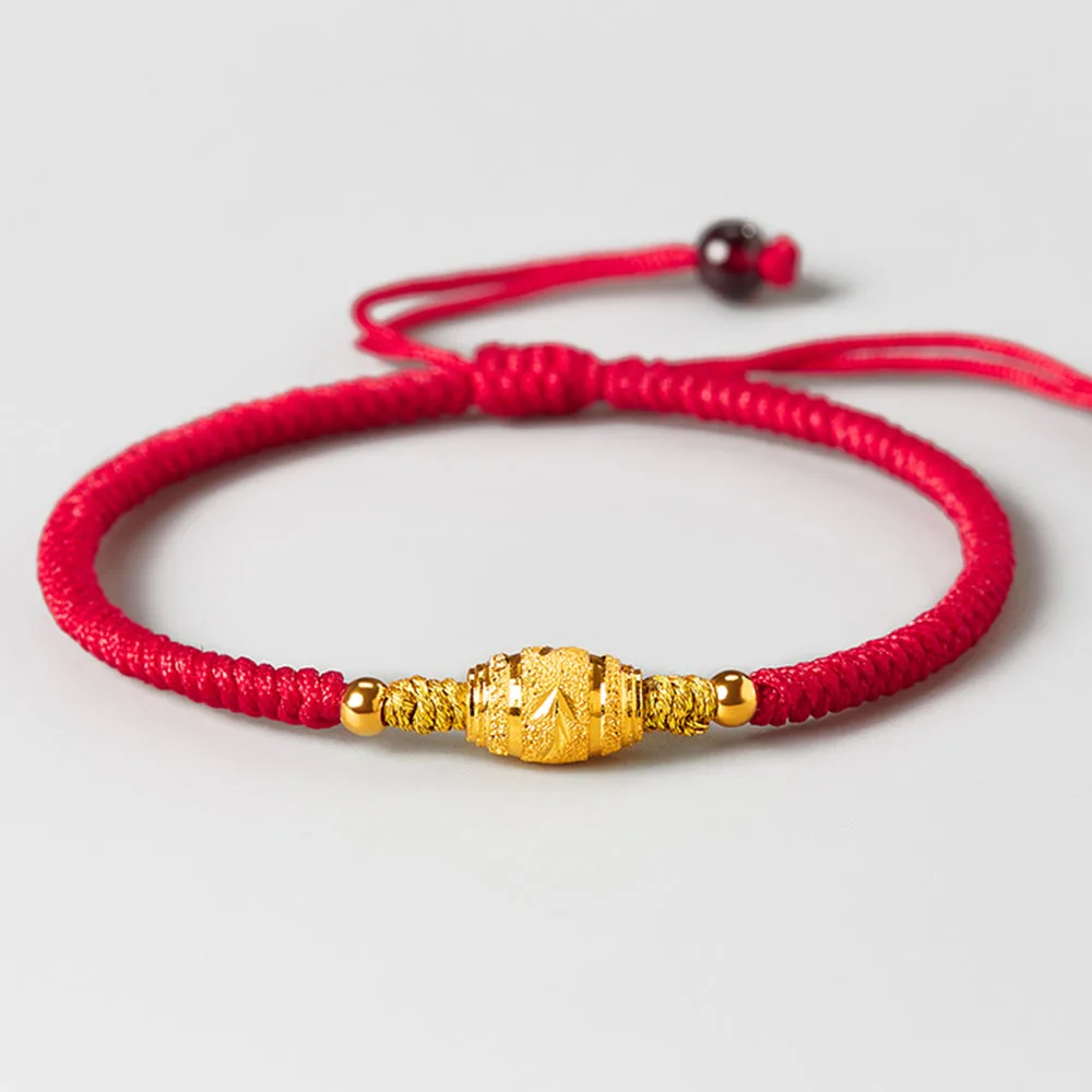 

Pure 24K Yellow Gold Rice Star Oval Bead Red Cord Knitted Bracelet For Women Gift