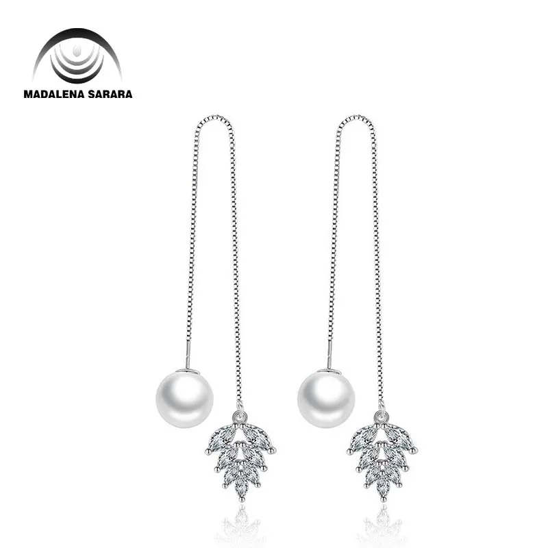 

MADALENA SARARA AAAA Cubic Zirconia Inlaid 925 Sterling Silver and 8-9mm AAA Freshwater Pearl Dangle Earrings Natural White