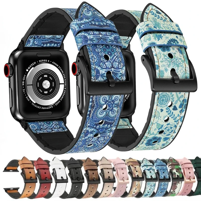 Silicone+Leather Strap for Apple Watch Band 9 8 7 45mm 41mm Men/Women Bracelet Wristband for IWatch 6 5 4 SE 44mm 40mm 42mm Belt
