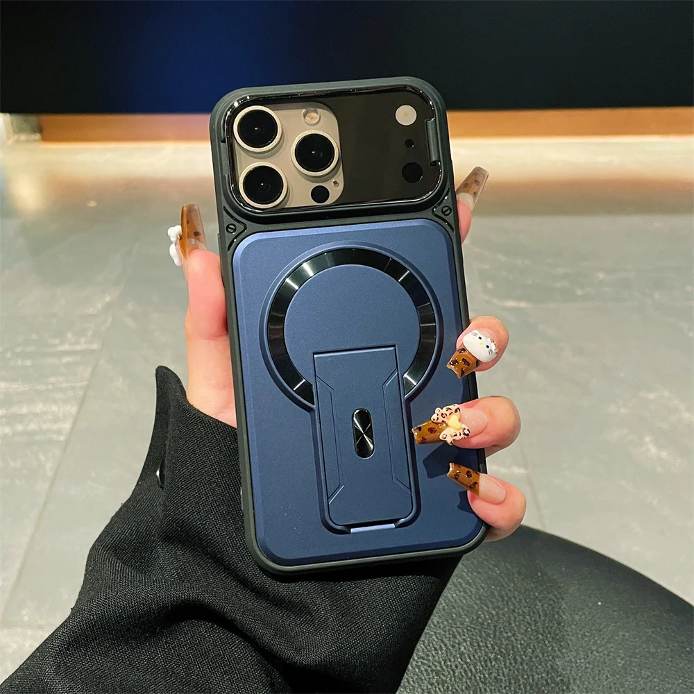 Luxury Invisible Kickstand Magnetic Case with Lens Protector and Wireless Charging Cover