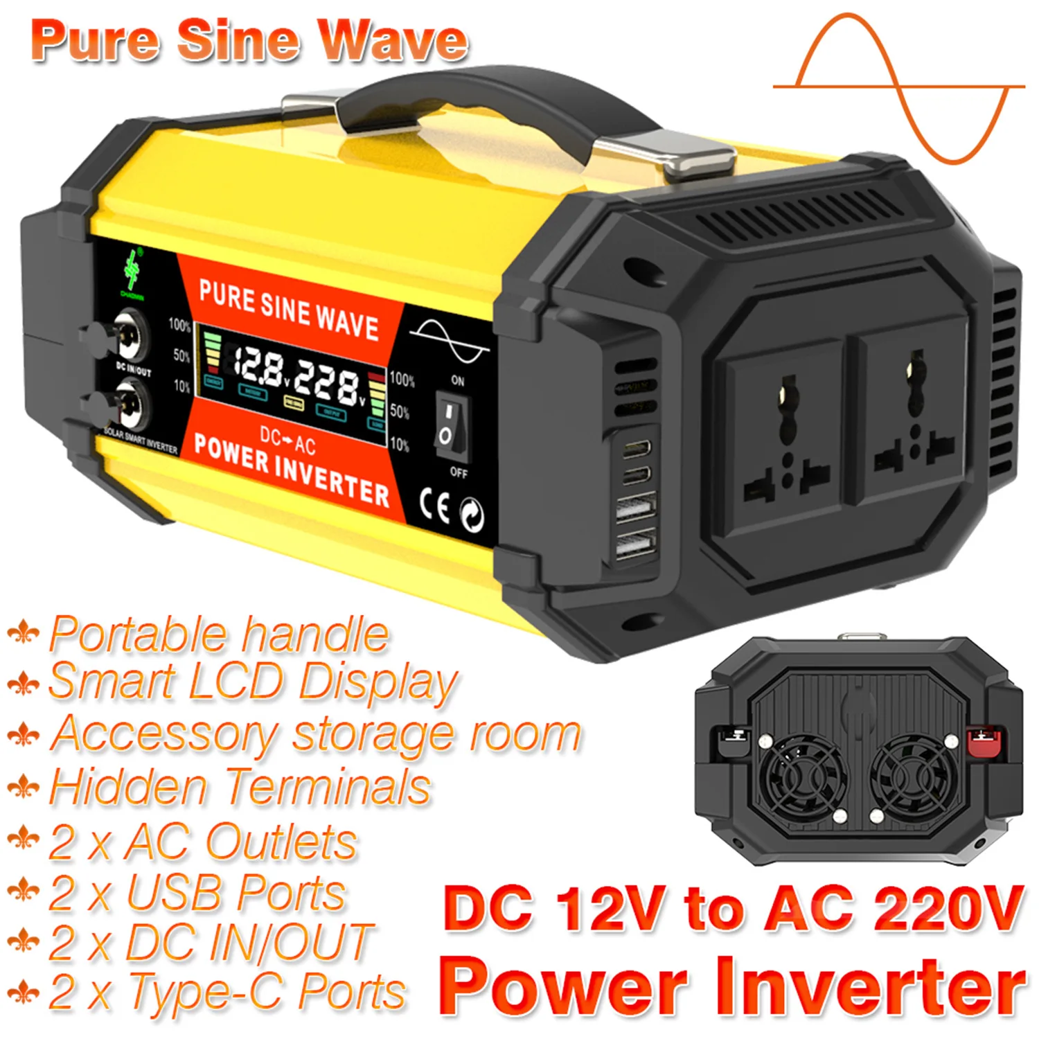 5000W Pure Sine Power Inverter - 12V to 220V Heavy-Duty Converter for Cars, RVs