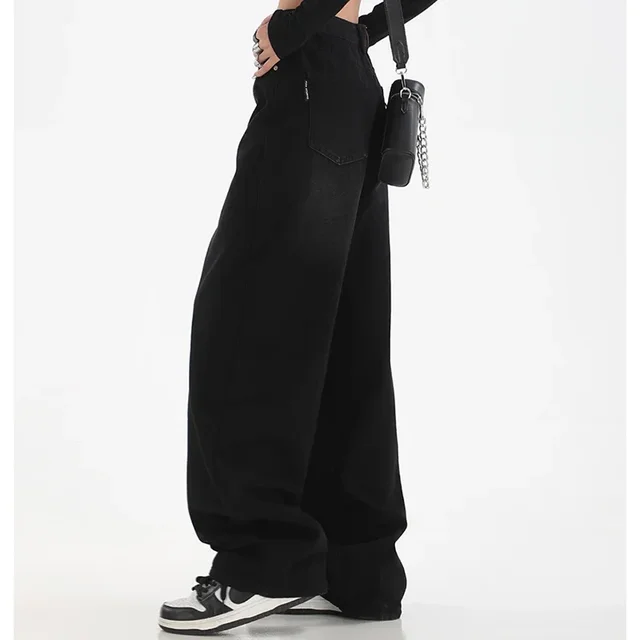 Femme taille haute coupe ajustée jambe large jean femme haute rue Y2k 2000s pantalons décontractés dame mode noir bleu pantalon en Denim ample 5