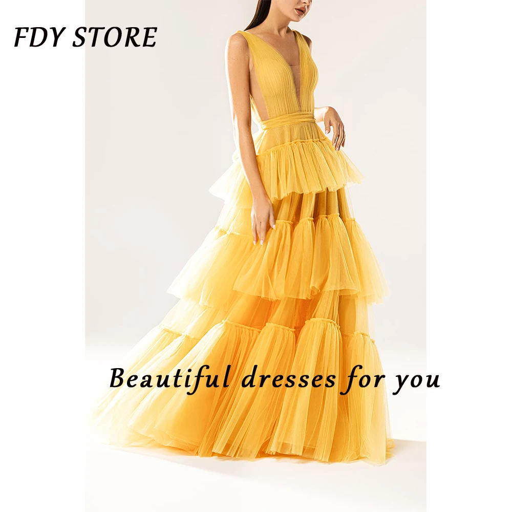 

FDY Store Prom V-neck Sash Ruffle A-line Court Train Backless Homecoming Formal Occasion Dress Party Evenning Elegant for Women