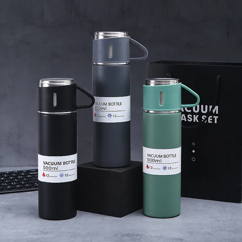 500ml/17.6oz Vacuum Insulated Flask Double Walled Vacuum Flask Stainless Steel Thermo Bottle with Cup for Coffee Tea Hot Drink and Cold Drink Travel