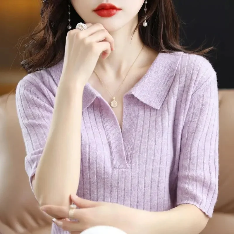

2024 HOT Summer Womens Sweater Short Sleeve POLO Collar Sweater Knitted Shirt Pullovers Bottoming Casual Knitwear Camel Clothes