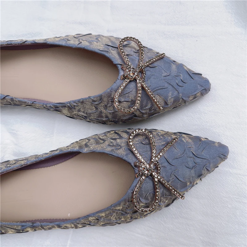 Rhinestone Bow Women's Flat Shoes Zapatos De Mujer Loafers Decorative Pointed Single Shoe Fold Gradient Soft Sole Women Shoes