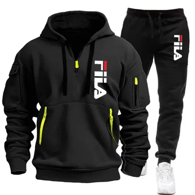 Ensemble de survêtement à capuche pour homme, automne-hiver, sweat-shirt chaud à col rond avec cordon de serrage, pantalon de jogging, ensemble sportif quotidien 2 pièces 1