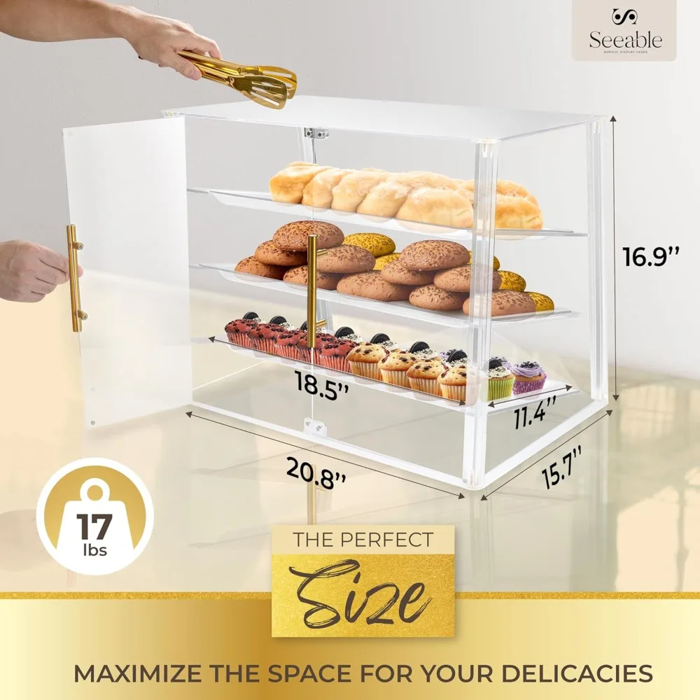 3-Tier Acrylic Bakery Display Case with Magnetic Doors, Removable Trays & Gold Accents for Desserts