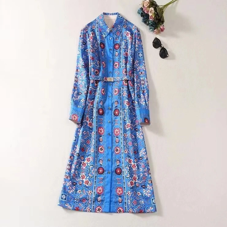 

European and American women's clothing 2023 autumn new Long sleeve lapel blue palace print Fashion Belt dress XXL