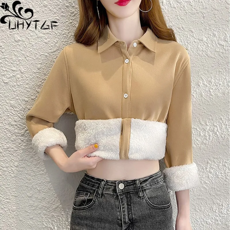 

UHYTGF New Fashion Corduroy Coat Women Fleece Warm Spring Autumn Shirt Female Single Breasted Casual Ladies Blouses Camisas 2452