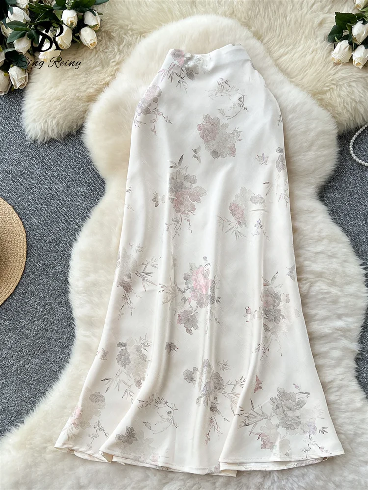 SINGREINY Senior Women Long Skirt Floral Gold Stamping Zipper Design Summer France Elegant Vintage Basics Satin A Line Skirt 2