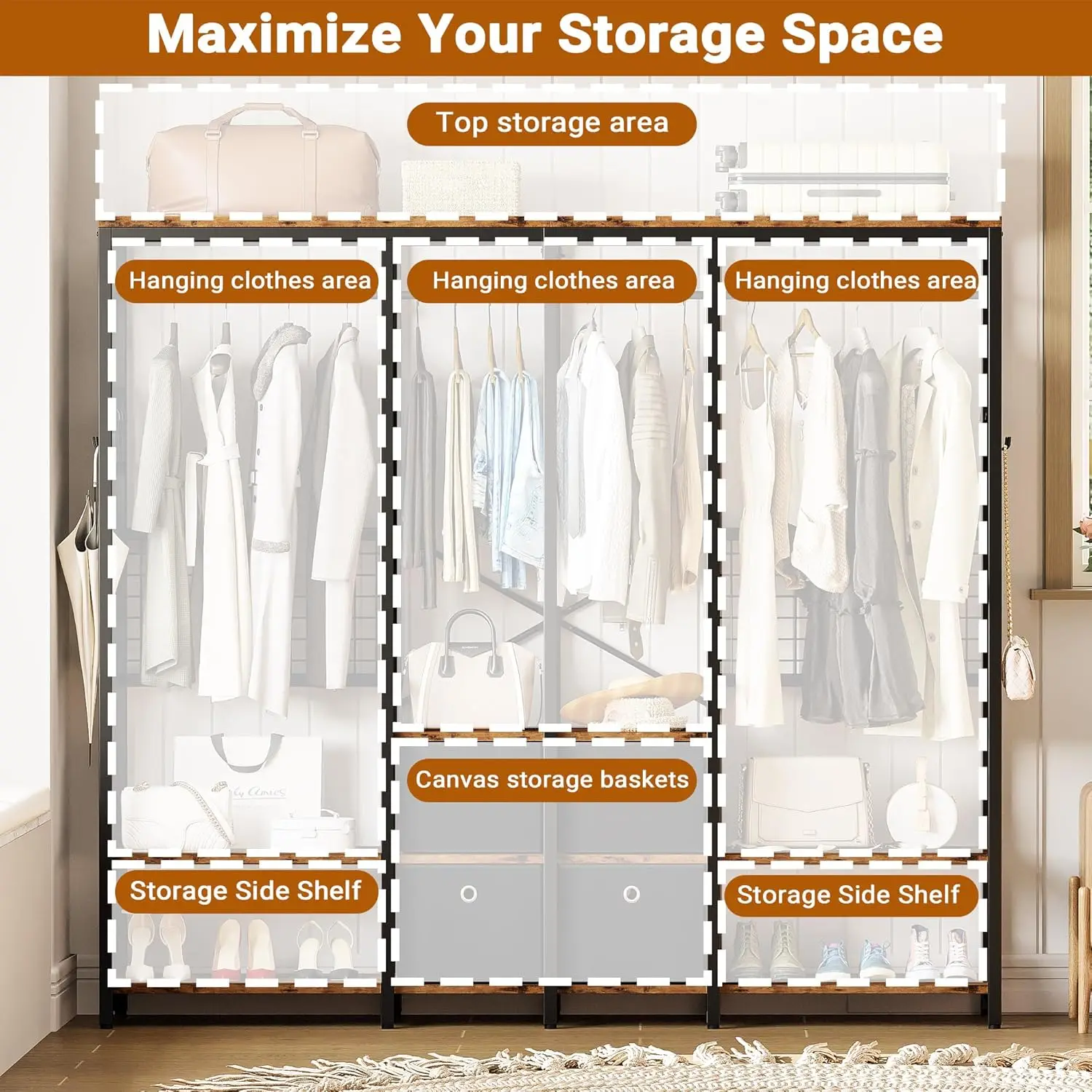 Garment Racks with Shelves 4 Drawers and 8 Hooks Heavy Duty Closet Organizer for Hanging Clothes,Freestanding Closet Wardrobe