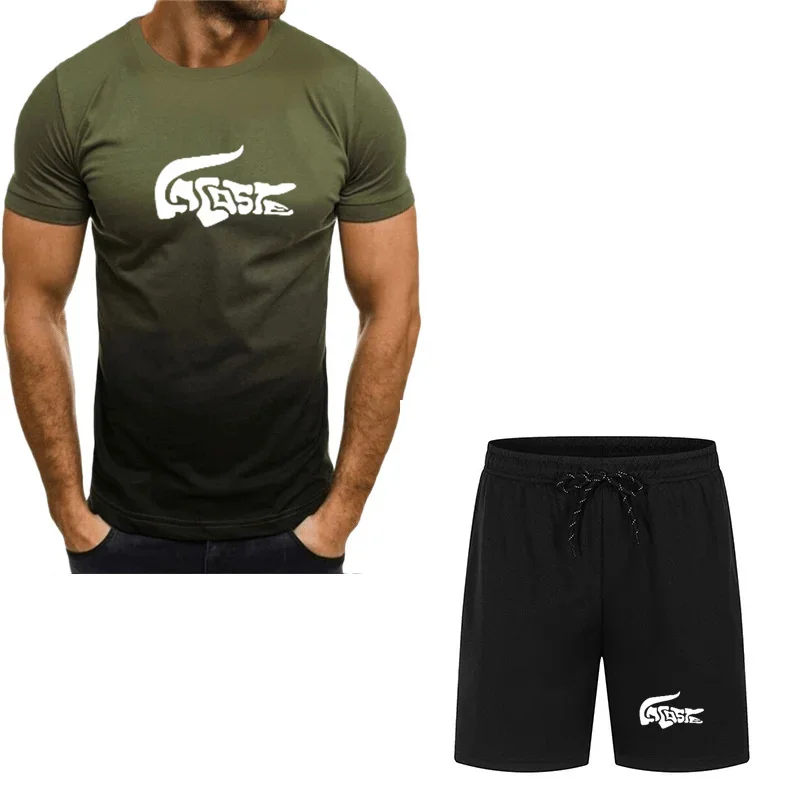 Hot selling summer T-shirt+shorts 2-piece set for men's casual fitness jogging sportswear, hip-hop breathable short sleeved set