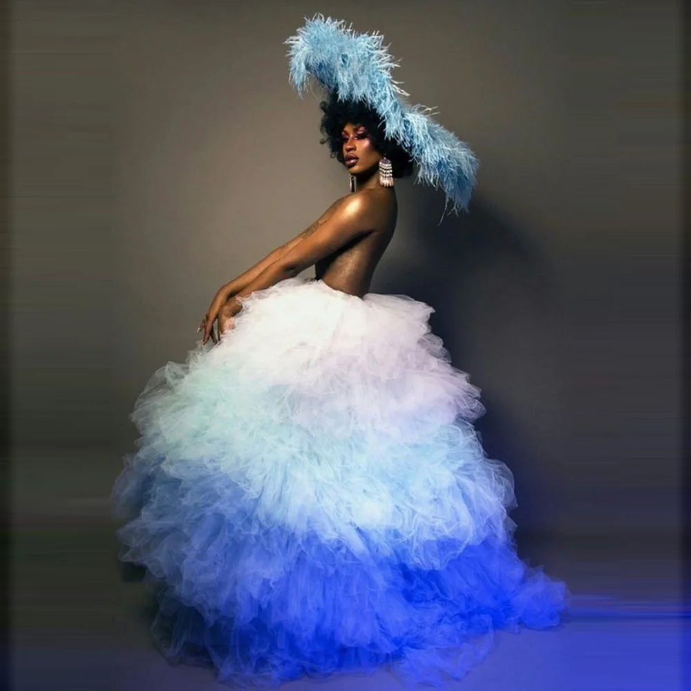 Wide Waistband Tulle Ruffled Skirt A-Line Dress Papaya