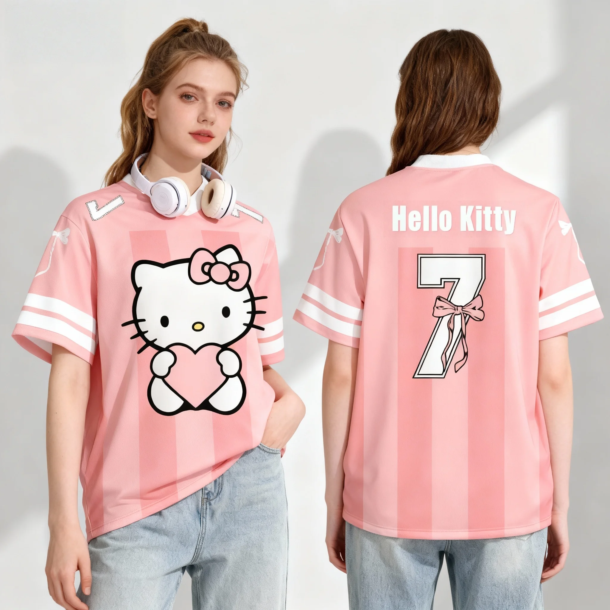 새로운 Sanrio 헬로 키티 No.7 볼 드레스 스위트 쿨 여름 티셔츠 오버사이즈 남성 성인 캐주얼 스포츠 티셔츠 출산복