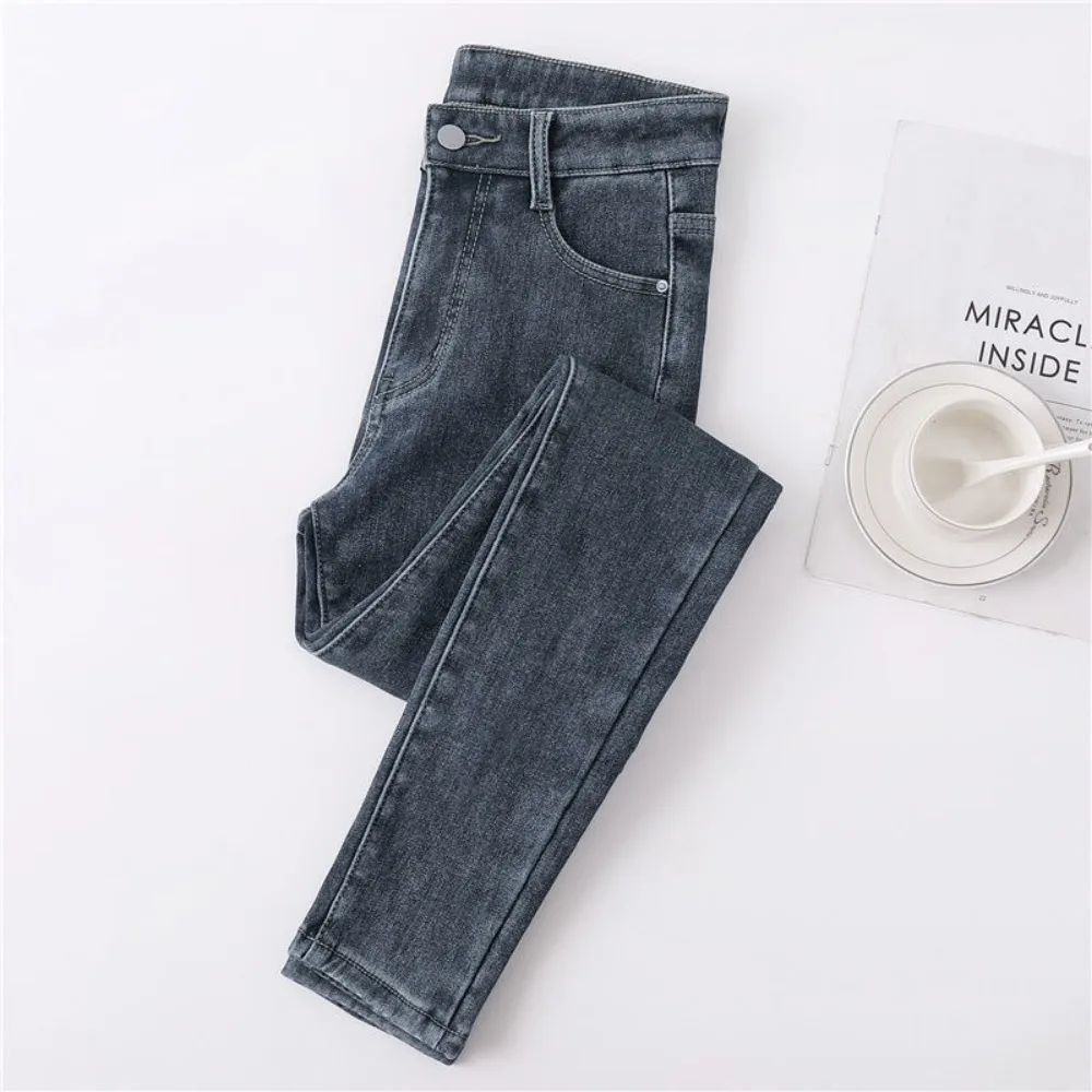 Women's Jeans 2023 Autumn And Winter High-Waisted Slim Stretch Plus Velvet Thickened Pencil Pants Basic Skinny Denim Trousers