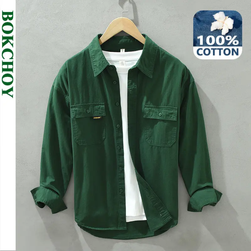 

Autumn Winter New 100% Cotton Long-sleeved Shirt Trendy Cargo Men's Loose Retro Pocket Oxford Fabric Casual Blouses C2136