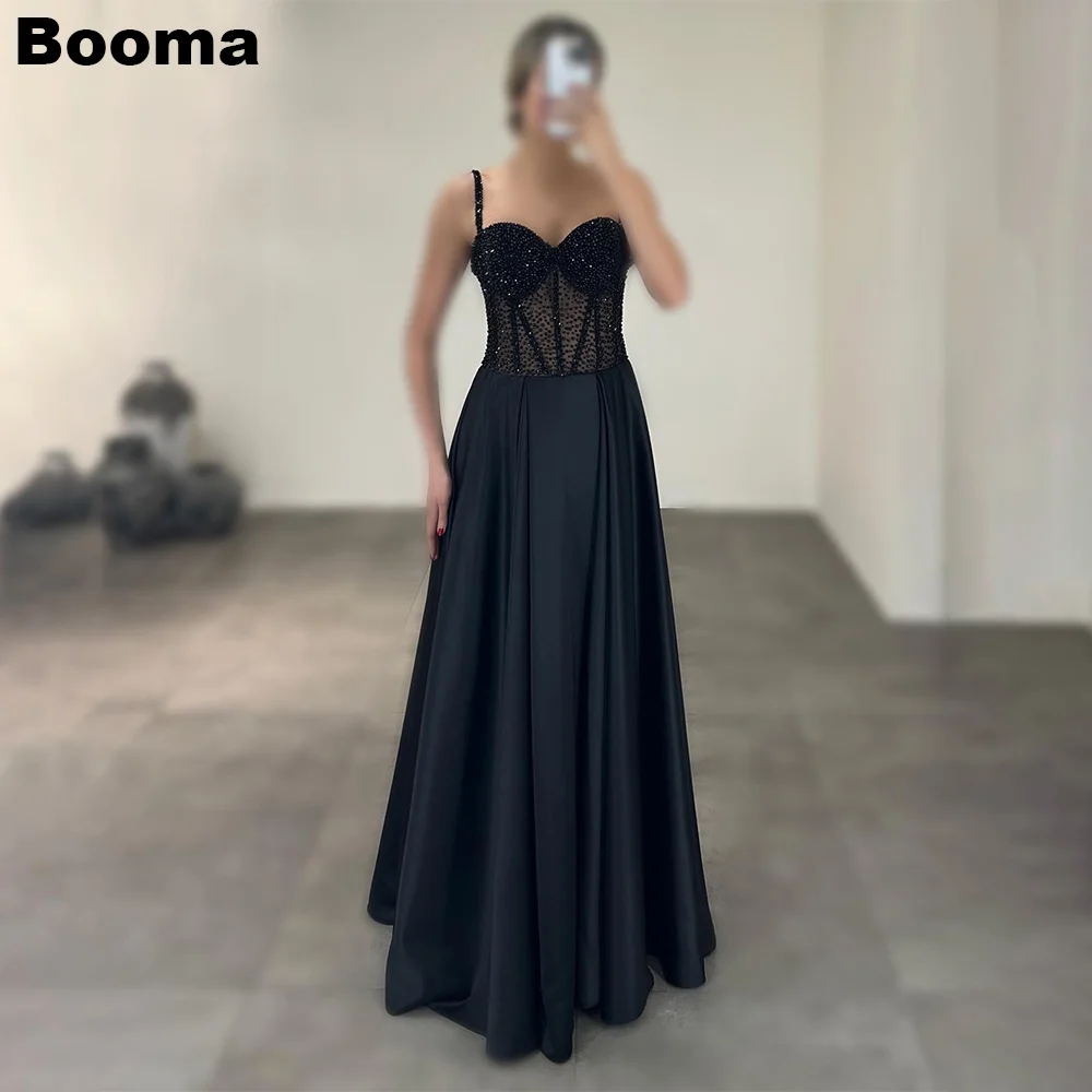 

Booma Black A-Line Prom Dresses Sweetheart Sleeveless Evening Dress for Women Beading Simple Lace Up Formal Party Gowns