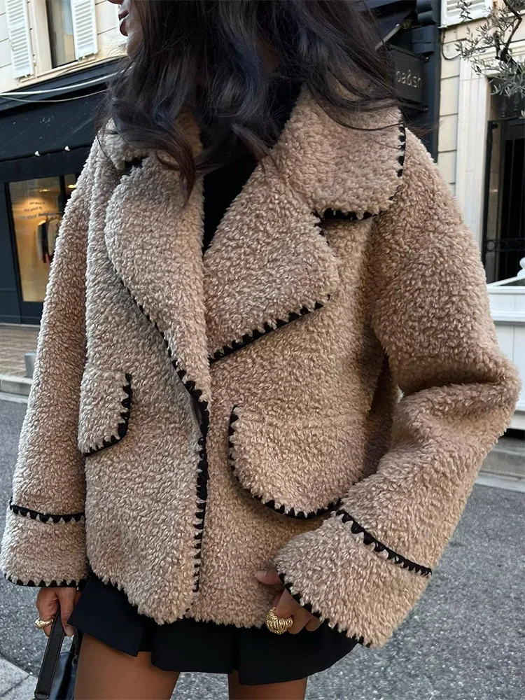 HH TRAF Women Fashion Winter Fleece Lapel Coats Casual Long Sleeves Loose Plush Jackets Female Warm Chic Streetwear Outerwear