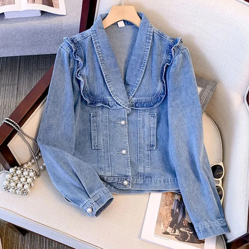 

Large Size Women's Ruffled Denim Jacket Spring Autumn New Design Sense Basic Coat Fashion Female Casual Motorcycle Jackets Tide