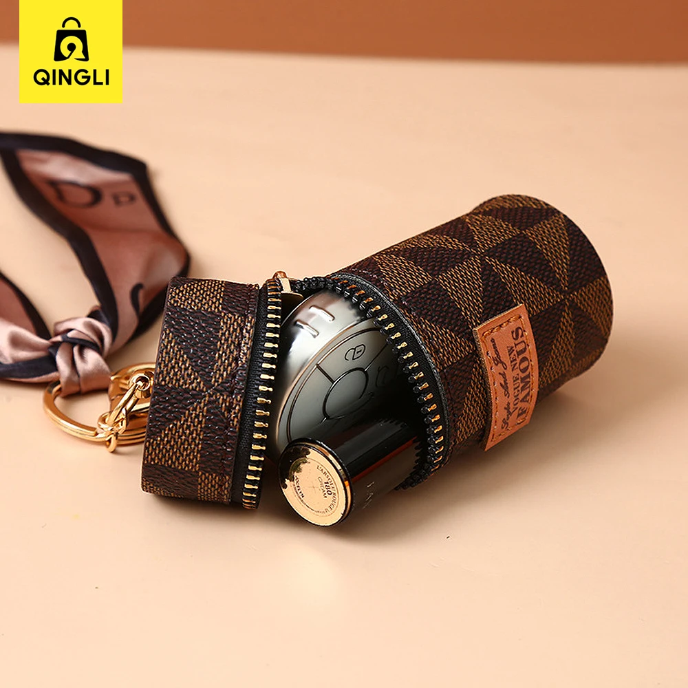 Trend Cylindrical Lipstick Coin Purse Women Portable Key chain Bag Pendant Fashion Checked Pattern Earphone Key Bag Mini Wallet