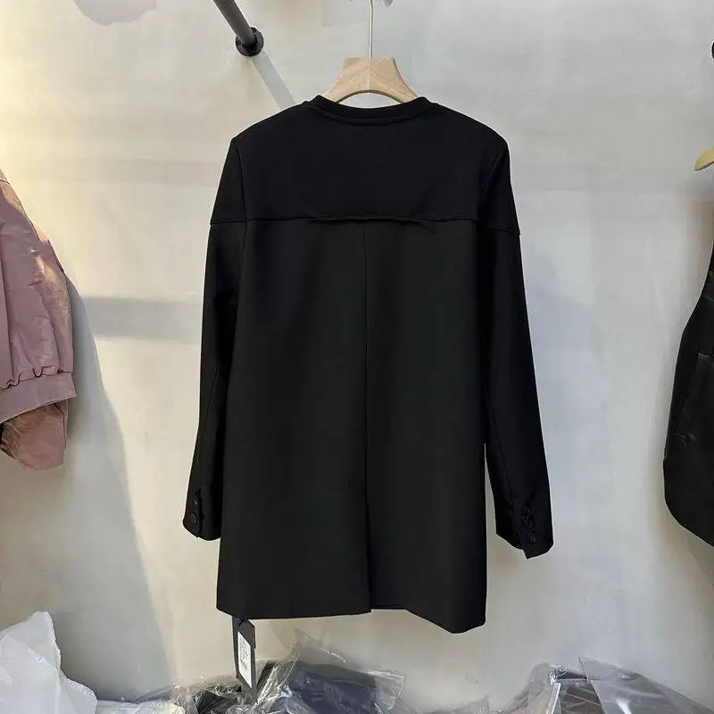Large size pullover suit for women's autumn loose design feeling, niche front panel splicing medium length top