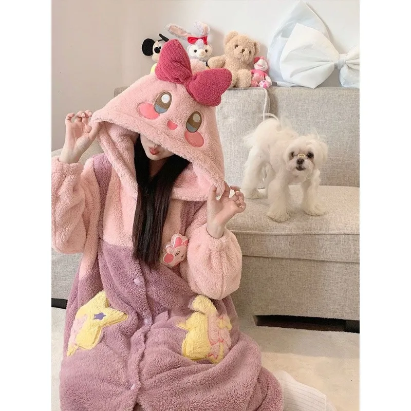 

Kawaii Kirby Nightgown Anime Sanrio Cute Girl Coral Fleece Plus Velvet Thicken Pajamas Suit Cartoon Sweet Hooded Tracksuit