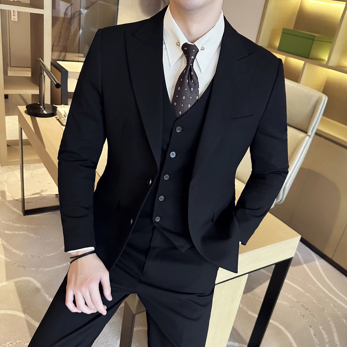 Men's Formal Slim Fit Business Work Wedding Stage Tuxedo Fashion Men Social Dress Suit 3 Pieces Set Jacket Vest Pant