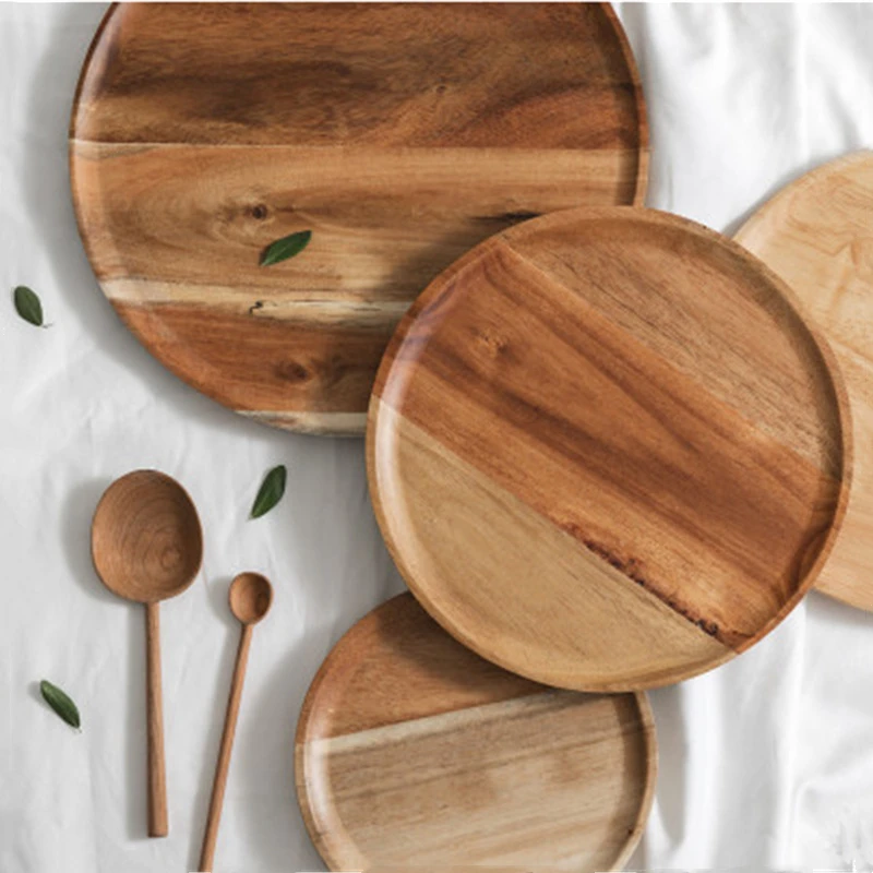 20/25/30cm Acacia Wood Serving Platter Tray Retro Round Pizza Salad Plate Fruit Dessert Tray Wooden Bread Cake Snacks Dishes 2
