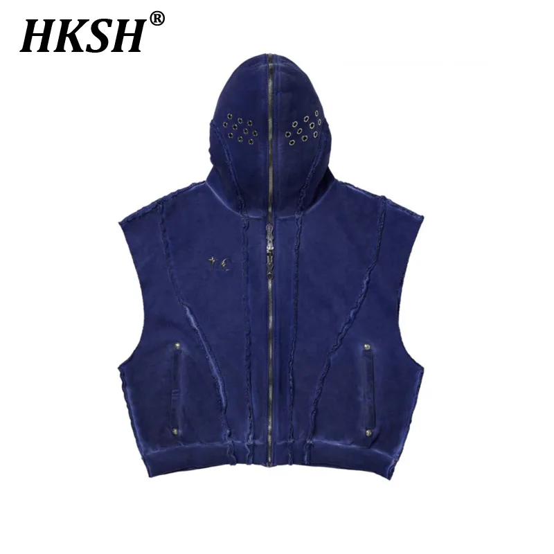 

HKSH 2024 Spring Summer New Vintage Men's Tide Punk Distressed Edge Hollow Out Metal Hooded Tank Tops Zippered Chic Vest HK1325