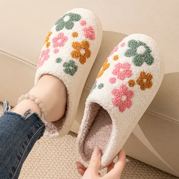 Cotton Slippers Women New Flowers Cotton Slides Female Thick Bottom Soft Winter Home Indoor Warm Non-slip Slippers Fluffy Shoes 1