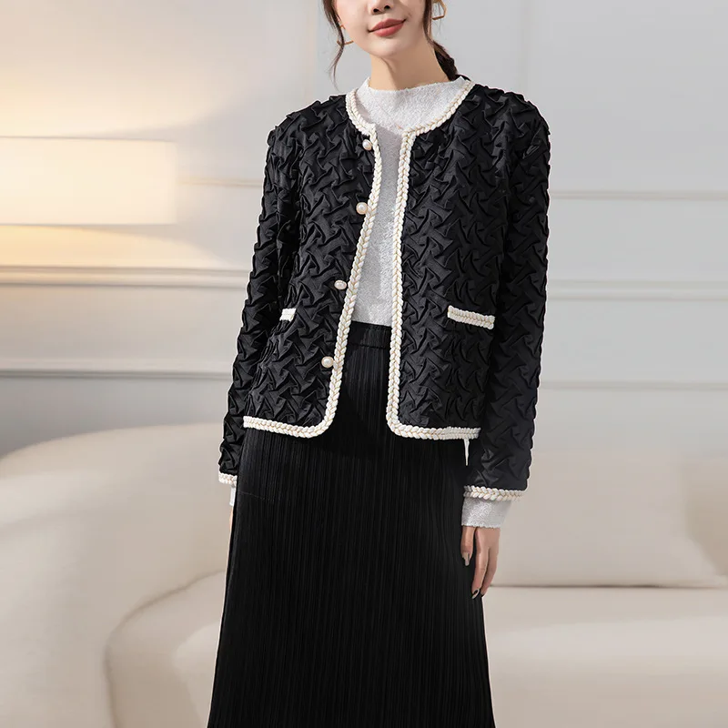 

Vintage Pleated Hepburn Style Short Coat Commuter Formal Women's Jacket Fashion Round Neck Single Breasted Shirt Designer Style