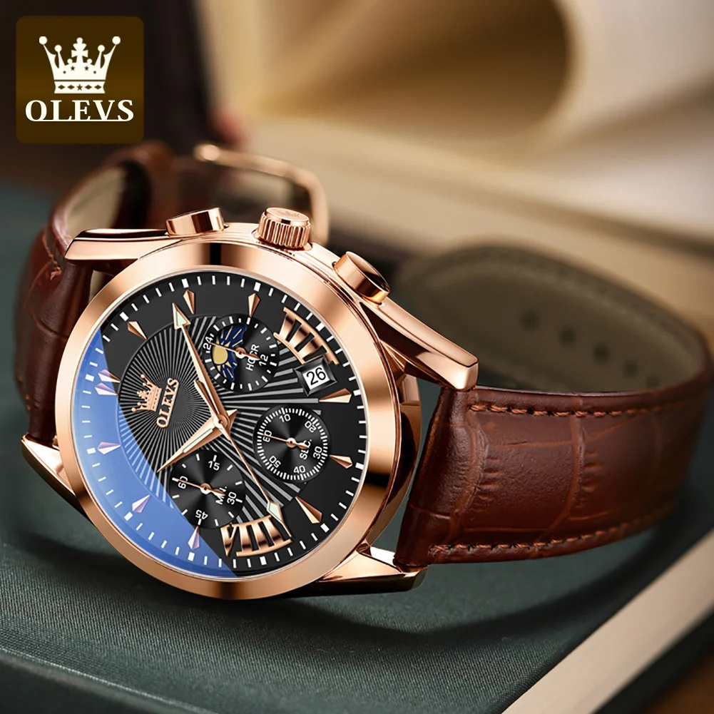 OLEVS 2876 Fashion Business Male's Watches Waterproof Moon Phase Leather Strap Quartz Watch Luminous Original Wristwatch Brand 2