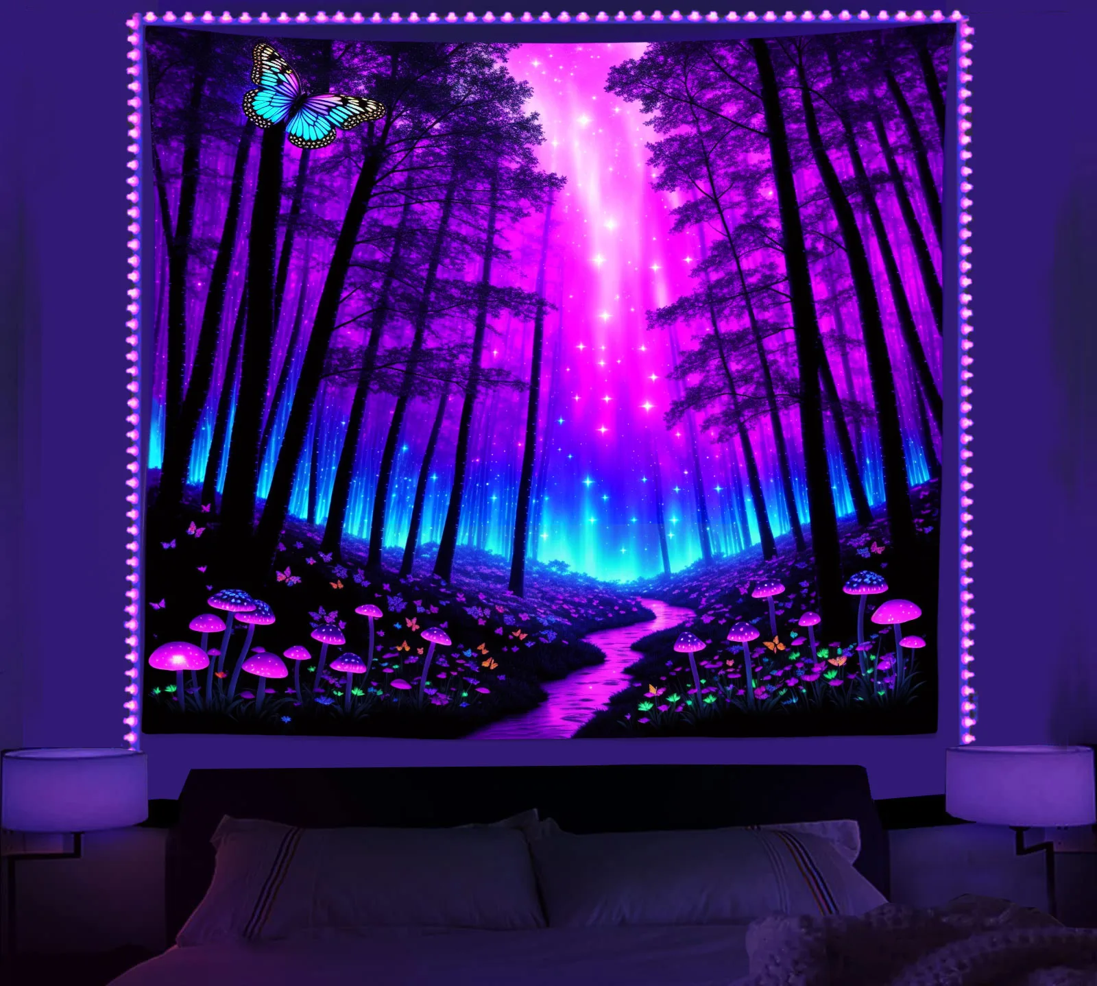 

Blacklight Tapestry UV Reactive Mushroom Jungle Trippy Tapestries Galaxy Nature Tapestry Wall Hanging for Room Bedroom