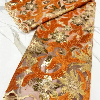 패션 아프리카 벨벳 레이스 원단, 고급 이브닝 드레스, 스팽글 자수, 나이지리아 레이스 원단, RC3808, 5 야드 2023