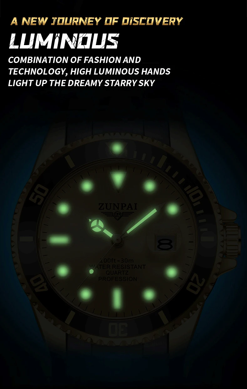 100%Original ZUNPAI Watch for Men's Waterproof Sports Stainless Steel Diving Wristwatches Golden 2022New Fashion Luxury TOPBrand