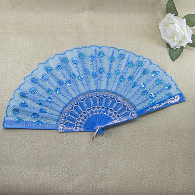Chinese Style Folding Plastic Bone Hand Fan with Sequins, Portable Dance Fan, Photo Props, Wedding Party Decor, Women