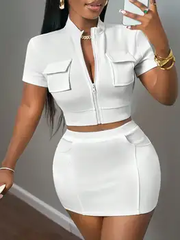 New Spring Summer Casual Street Style Short Sleeve Zipper Top with Pocket Stand Collar And Ultra-Short Skirt Two-Piece Set 1